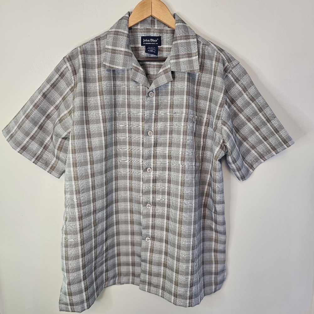 John Blair Gray Plaid Short Sleeve Button Down Shirt Size Large